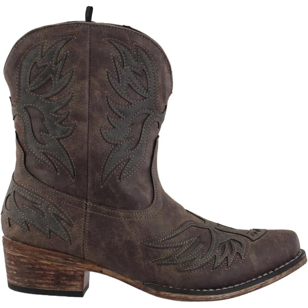 ✨ Roper Casual Boots Women Brown Amelia Tooled Inlay Snip Toe Ankle Low Heel 1-2